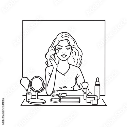 Black and white line art of a beautiful woman doing makeup at dressing table with mirror illustration