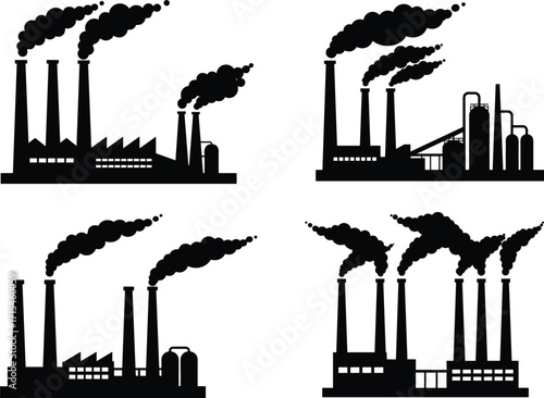 Industrial factory silhouettes, heavy smoke emission, air pollution concept, environmental damage, toxic atmosphere, urban industry, editable vector, black icon set, climate impact