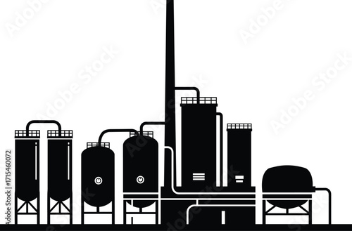 Industrial refinery silhouette, chemical plant tanks, piping network, chimney stack, black and white vector illustration for engineering, manufacturing, infrastructure, and environmental content