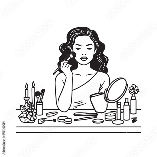 Black and white line art of a beautiful woman doing makeup at dressing table with mirror illustration
