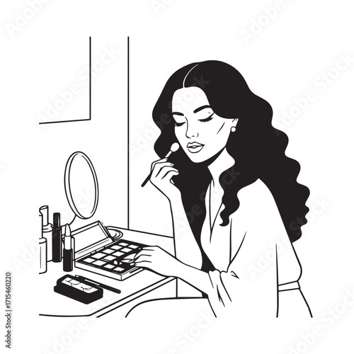 Black and white line art of a beautiful woman doing makeup at dressing table with mirror illustration