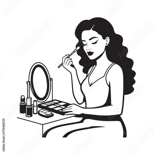 Black and white line art of a beautiful woman doing makeup at dressing table with mirror illustration