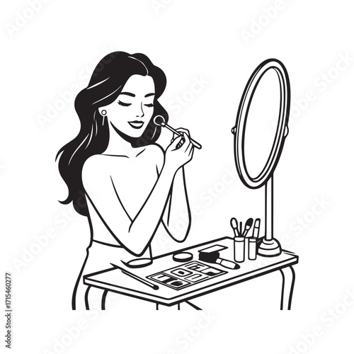Black and white line art of a beautiful woman doing makeup at dressing table with mirror illustration