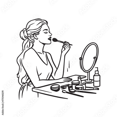 Black and white line art of a beautiful woman doing makeup at dressing table with mirror illustration