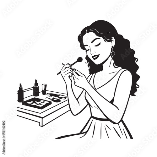 Black and white line art of a beautiful woman doing makeup at dressing table with mirror illustration
