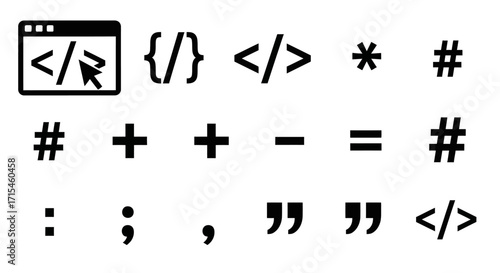Minimalist Coding Icon Set Vector Collection of Black Programming and Web Development Symbols