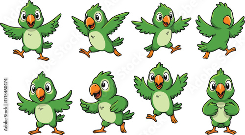 Cartoon green parrot character illustration, cute tropical bird mascot design, funny parrot poses, expressive parrot emotions, colorful parrot artwork, exotic animal clipart, vector parrot graphics