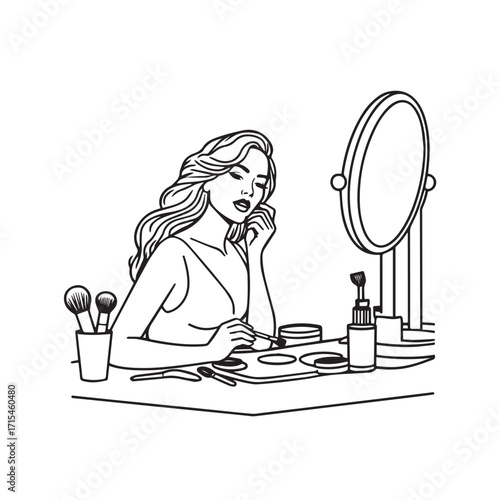 Black and white line art of a beautiful woman doing makeup at dressing table with mirror illustration
