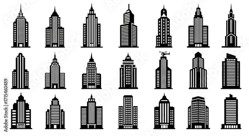 Icon Set Vector Collection of Modern Skyscraper Building Silhouettes for Corporate and Real Estate Design