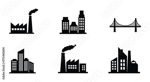 Simple black silhouettes depicting industrial structures and city landmarks