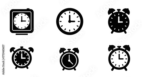 Minimalist Clock Icon Set Vector Collection of Black Alarm and Time Symbols