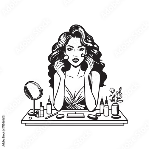 Black and white line art of a beautiful woman doing makeup at dressing table with mirror illustration