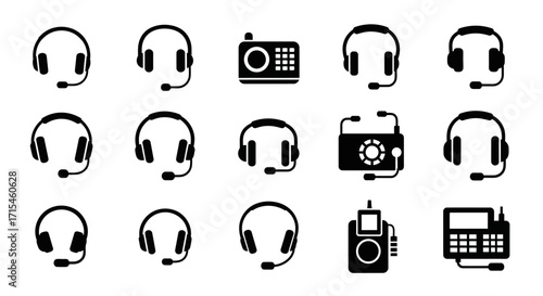 Communication Icon Set Vector with Minimalist Headset and Radio Glyphs