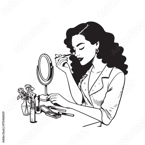 Black and white line art of a beautiful woman doing makeup at dressing table with mirror illustration