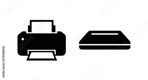 Simple black glyph icons of a printer and a flatbed scanner.