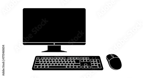 Black silhouette icon of a desktop computer with keyboard and mouse.
