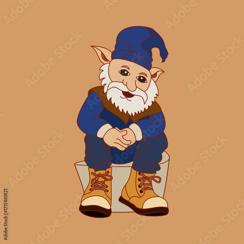 Cute Sitting Gnome Cartoon Illustration in Fantasy Style