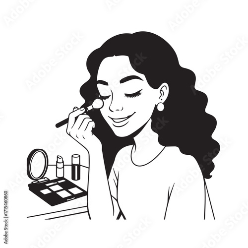 Black and white line art of a beautiful woman doing makeup at dressing table with mirror illustration