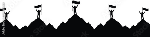 Motivational mountain peak silhouette, success achievement flag, leadership triumph concept, perseverance goal reaching, teamwork inspiration design, victory accomplishment art