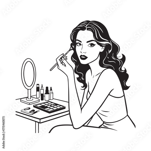 Black and white line art of a beautiful woman doing makeup at dressing table with mirror illustration