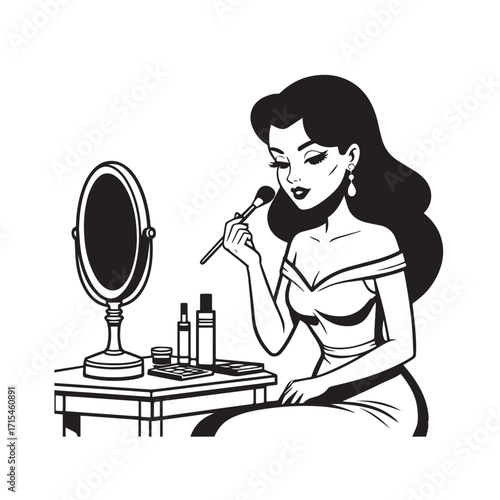 Black and white line art of a beautiful woman doing makeup at dressing table with mirror illustration