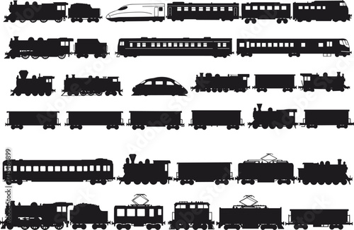 Train silhouette collection, steam locomotives, modern railcars, passenger and freight transport, black vector icons, railway vehicles, editable illustration, transportation history, 