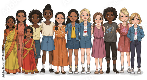 Diverse group of young women standing together confidently, showcasing unity and cultural representation