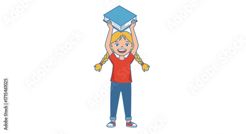Happy student proudly holding a book above her head in celebration of learning success