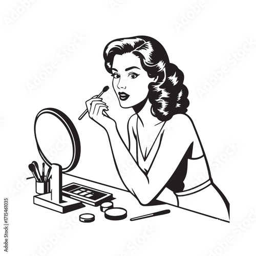 Black and white line art of a beautiful woman doing makeup at dressing table with mirror illustration