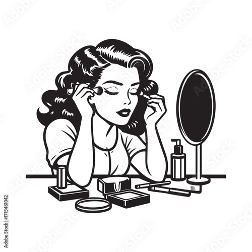 Black and white line art of a beautiful woman doing makeup at dressing table with mirror illustration
