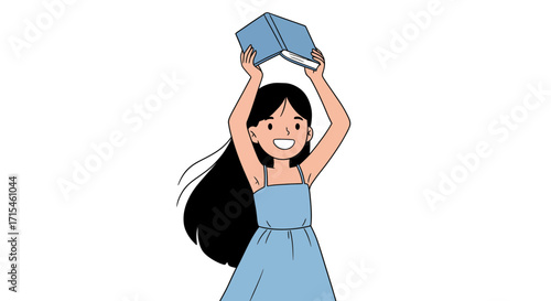 Happy girl celebrates knowledge, raising a book high with glee and a bright, joyful smile