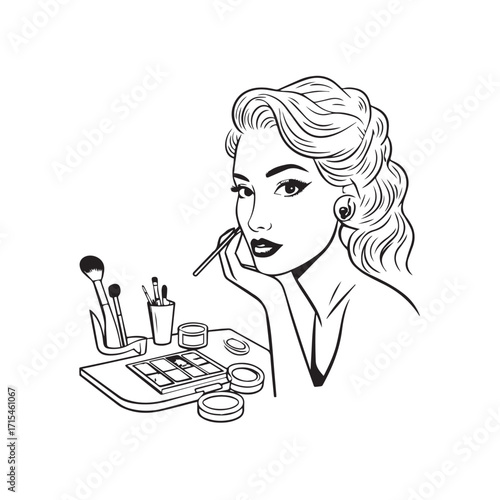 Black and white line art of a beautiful woman doing makeup at dressing table with mirror illustration