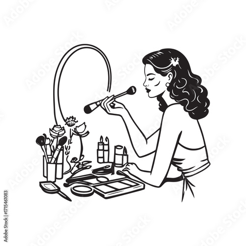 Black and white line art of a beautiful woman doing makeup at dressing table with mirror illustration