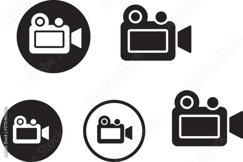 Vintage film camera icon set, black and white vector, retro movie equipment, filmmaking symbol, media production graphic, isolated video recorder design