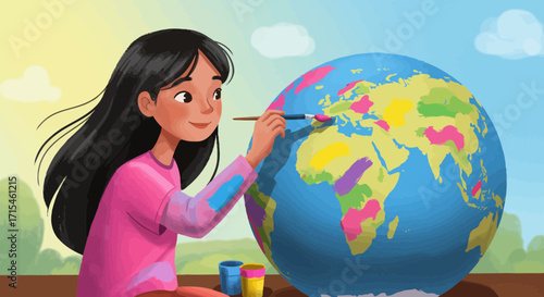 Happy girl painting colorful world globe, creative learning, global awareness, travel dreams