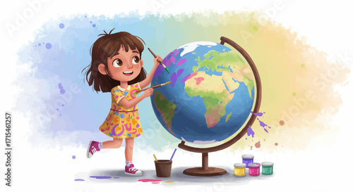 Creative girl painting the world globe with bright colors showing passion for art and geography learning