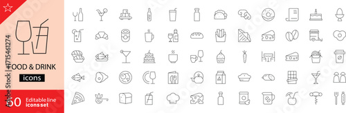 Food and drink icons set. Includes symbols of meals, beverages, fruits, vegetables, fast food, desserts, and kitchen items. Editable stroke. Vector illustration. Outline icons. Perfect for restaurants