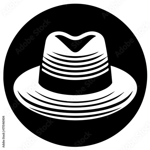 Illustration of a white fedora hat with black band and horizontal stripes on a black circular background