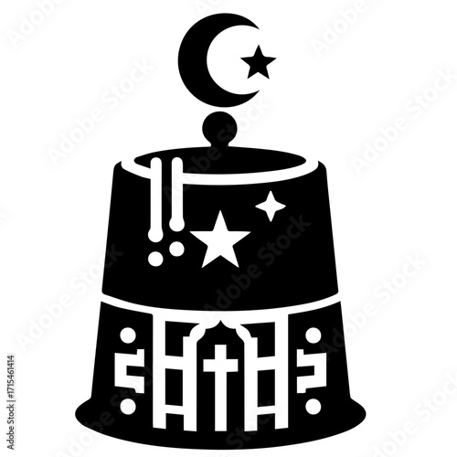 Illustration of a tarboosh with a crescent moon and star on top in black and white design style