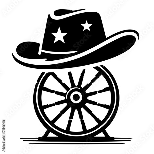 Black and white drawing of a cowboy hat with stars on top of a wagon wheel with spokes design element