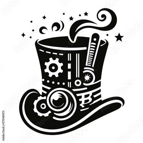 A whimsical steampunk top hat adorned with gears and stars emitting smoke in monochrome design style