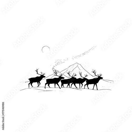 Silhouette of a herd of reindeer walking in a snowy landscape with a mountain and a moon in the background