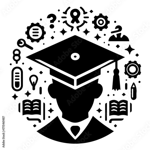 Black and white illustration of a graduate with a mortarboard surrounded by education related icons