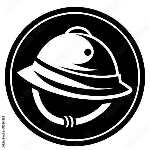 Illustration of a black and white pith helmet inside a black circle with a black background design