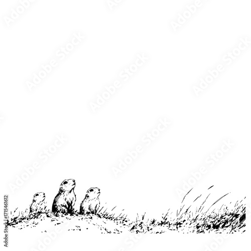 Three prairie dogs standing in a grassy field looking up with curiosity in a black and white illustration