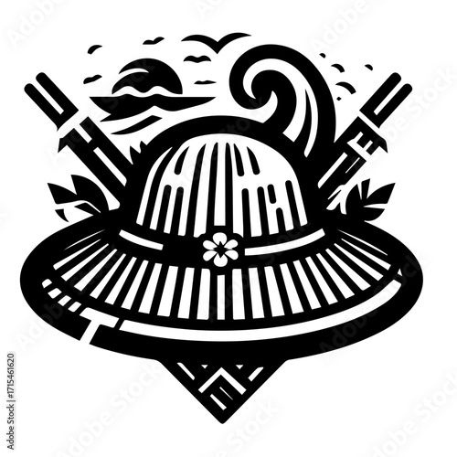 Black and white illustration of a conical hat with crossed swords and a seascape background design element