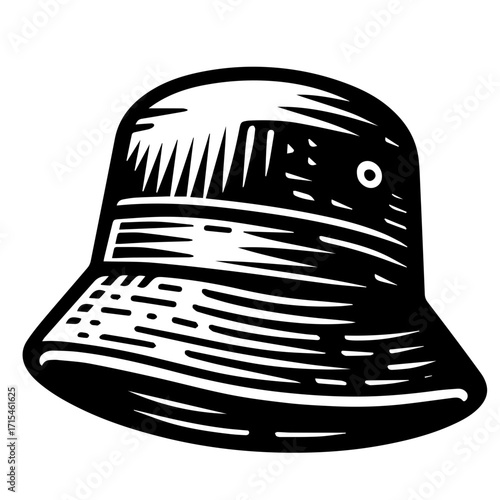 Illustration of a black and white bucket hat with a vent and horizontal lines design element drawing