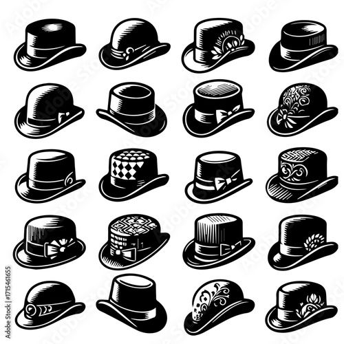 Collection of twenty black and white hats with various styles and decorations in a grid arrangement