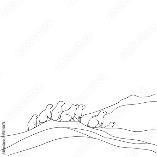 A line drawing of a group of prairie dogs sitting on a hill in a black and white illustration style