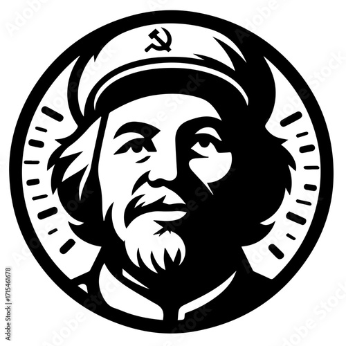 Illustration of a man with a beard wearing a cap with a hammer and sickle inside a dotted circle